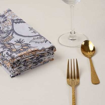 Beautiful Gray Floral Pure Cotton Indian Hand Blocked Border Dinner Napkin Cloth