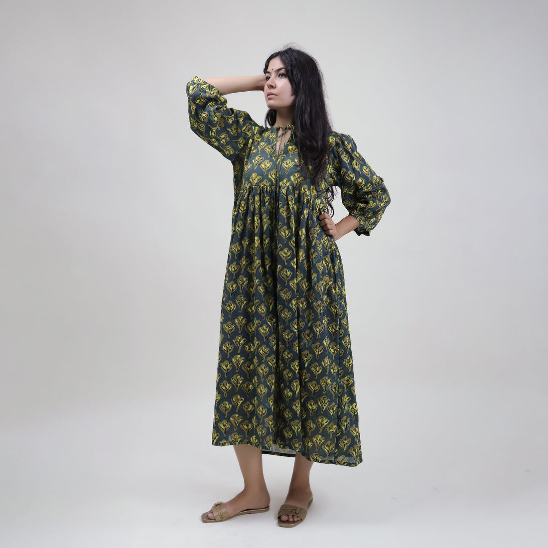 Beautiful Green Floral Cotton Midi Outfit for Womens