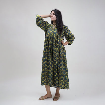 Beautiful Green Floral Cotton Midi Outfit for Womens