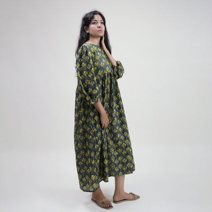 Beautiful Green Floral Cotton Midi Outfit for Womens