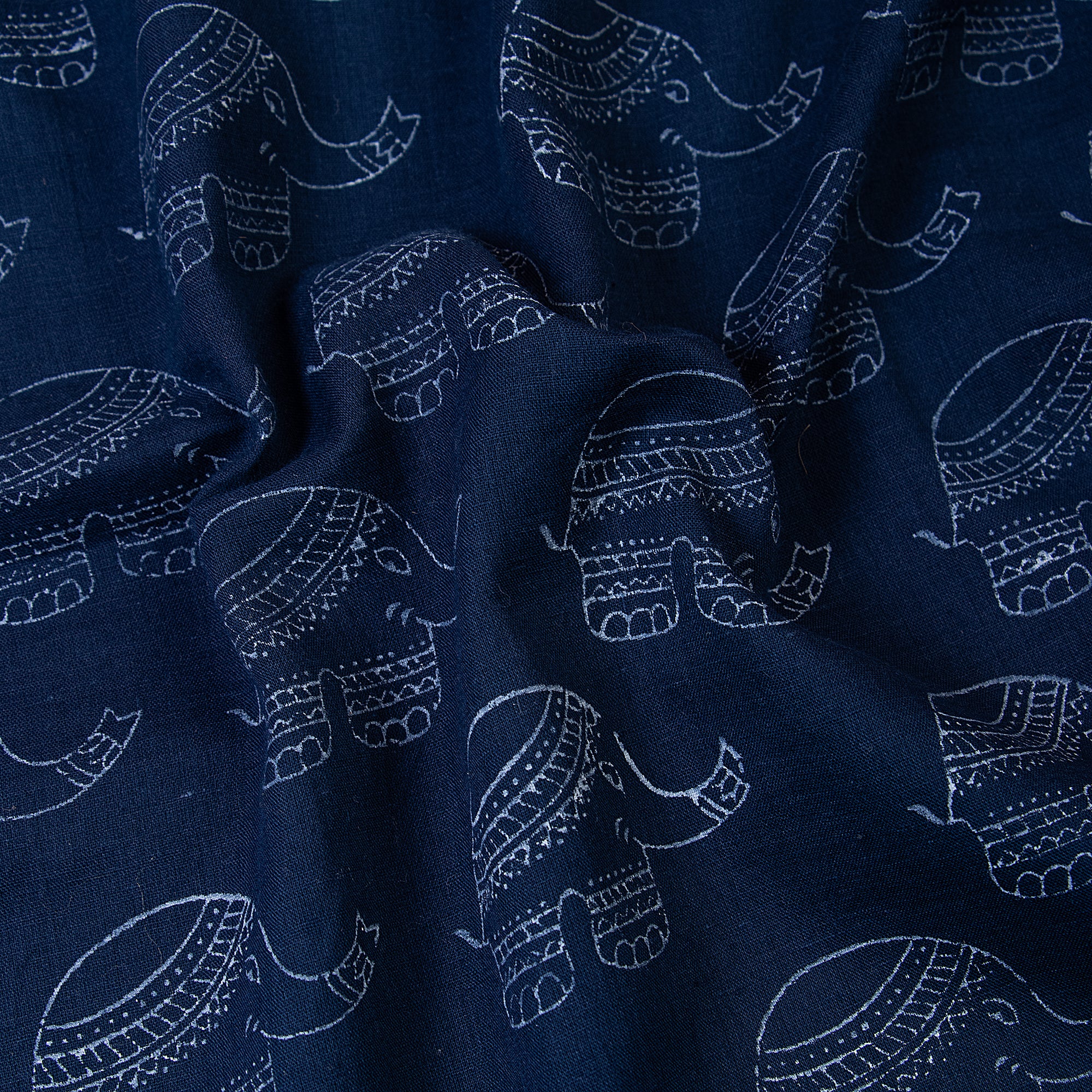Beautiful Indigo Blue Elephant Printed Cotton Fabric