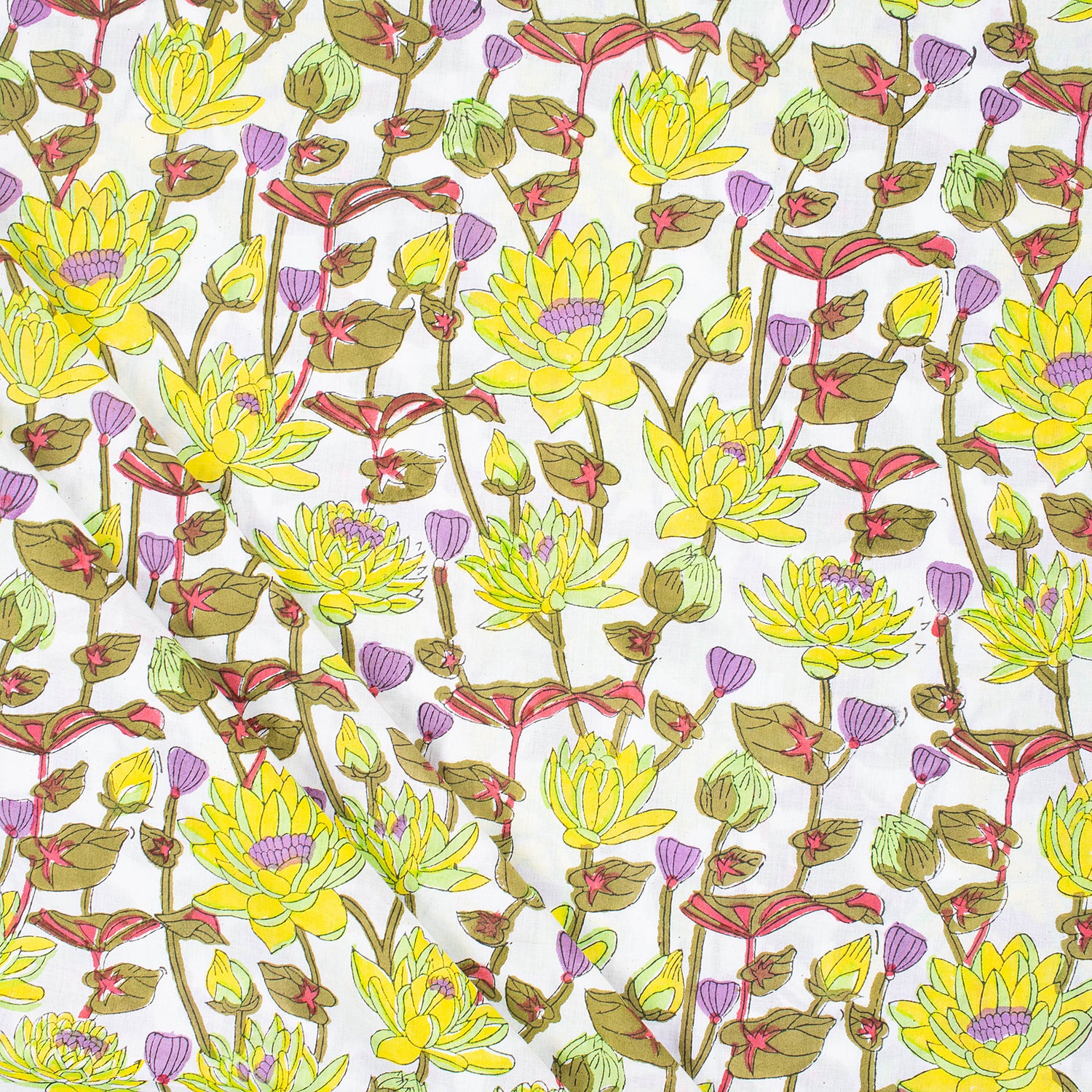 Beautiful Yellow Floral Hand Block Printed Cotton Fabric