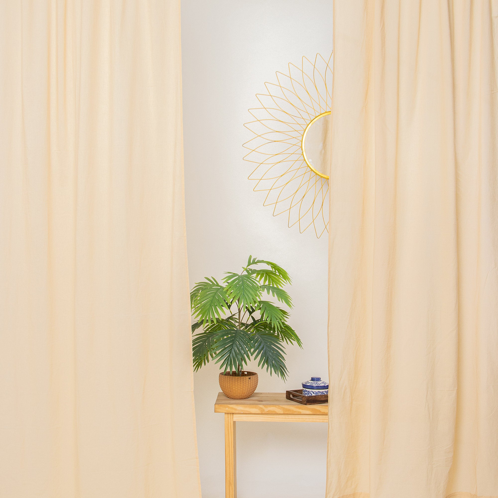 Beige Color Handmade Dining Room Cotton Curtains Set of 2