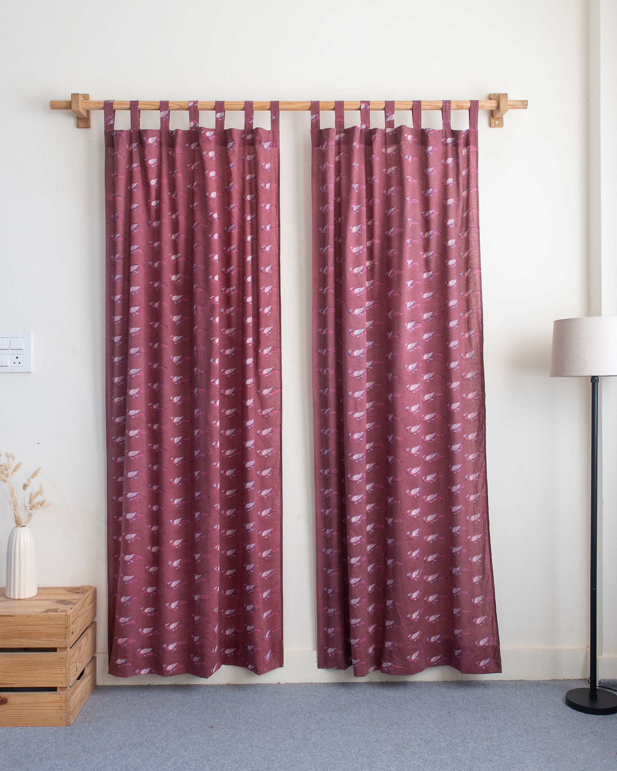 Bird Block Print Cotton Bedroom Curtains