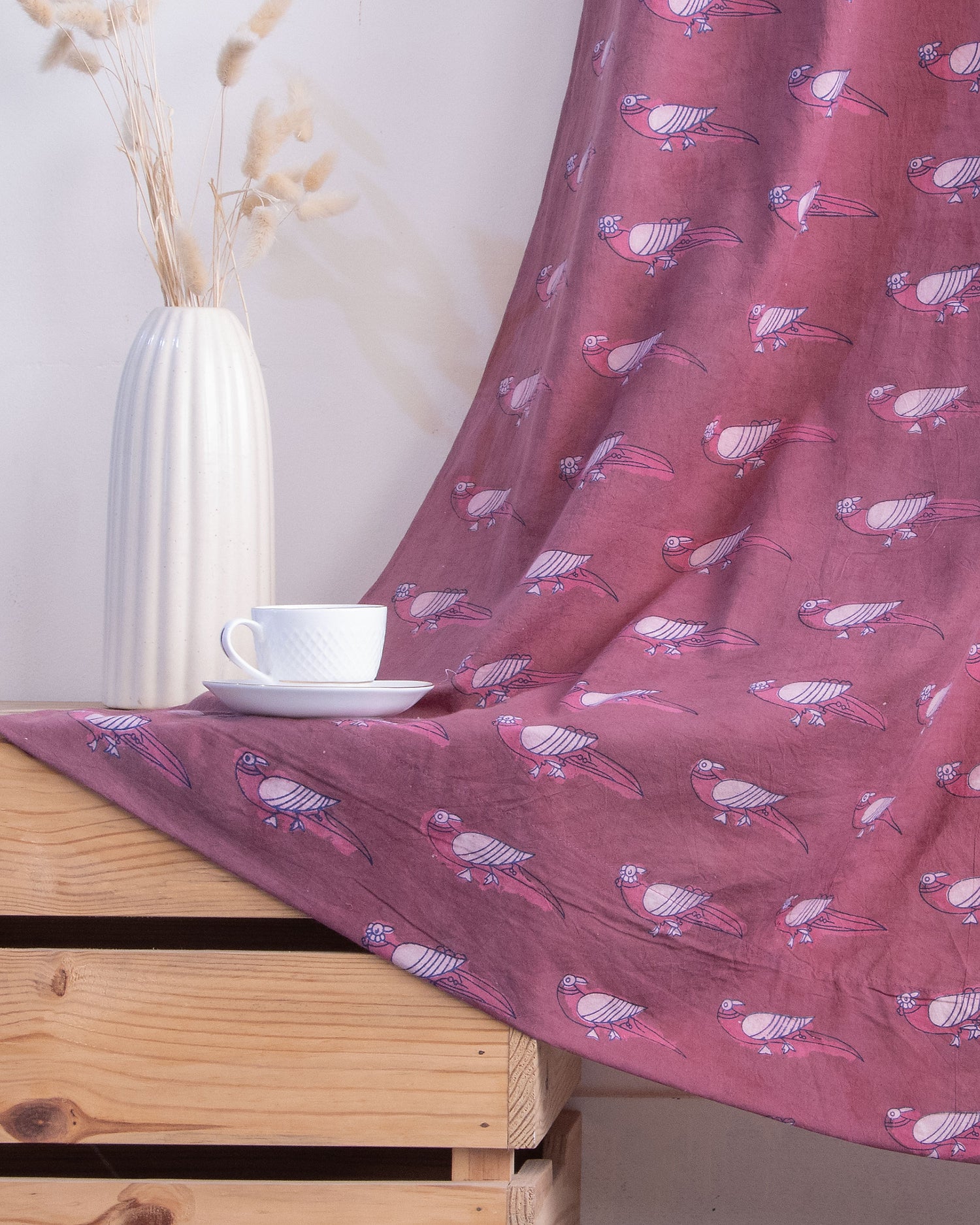 Bird Block Print Cotton Bedroom Curtains