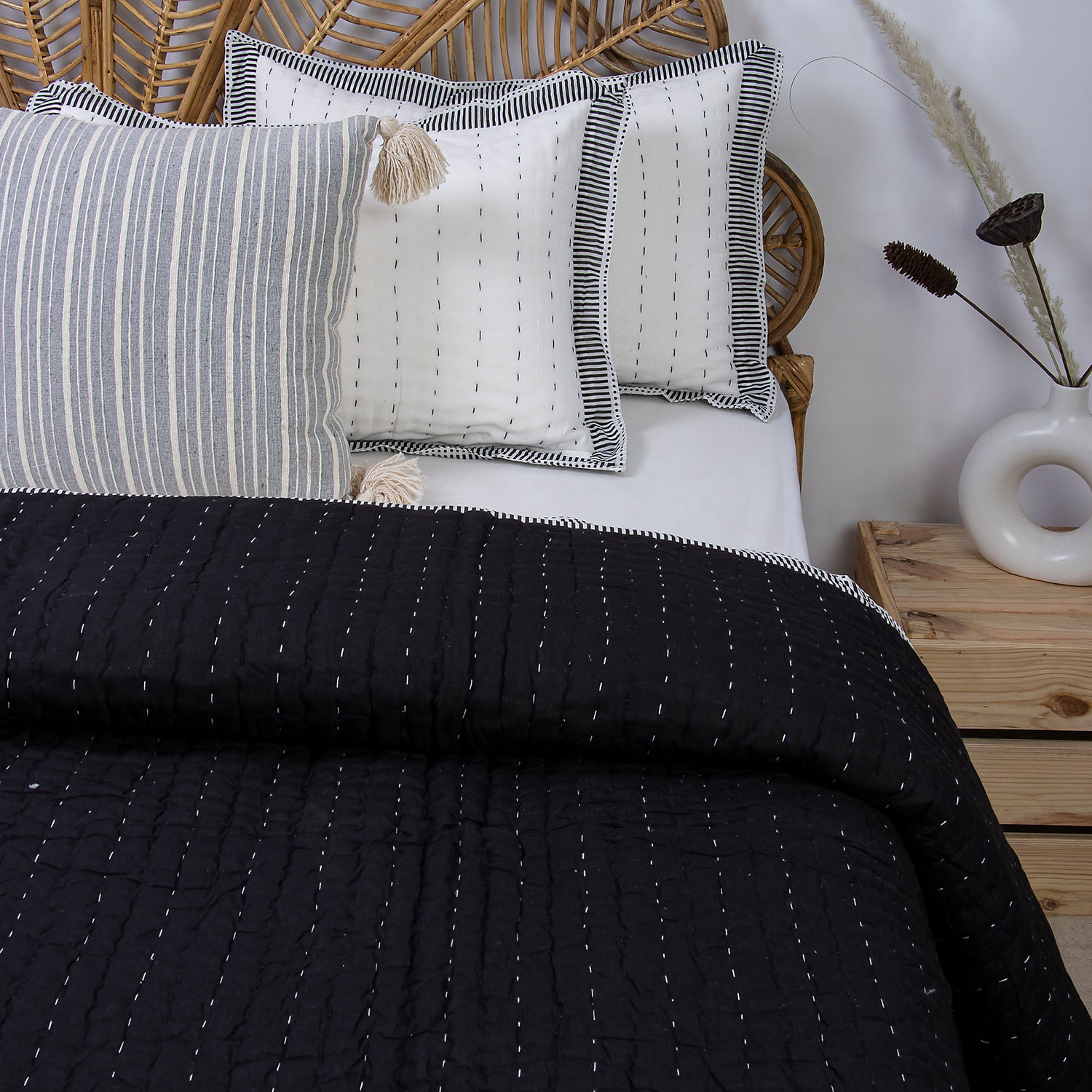 Black Indian Handmade Stitched Cotton Kantha Quilt Blanket