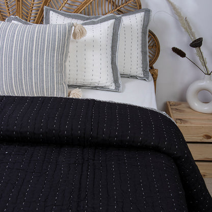 Black Indian Handmade Stitched Cotton Kantha Quilt Blanket