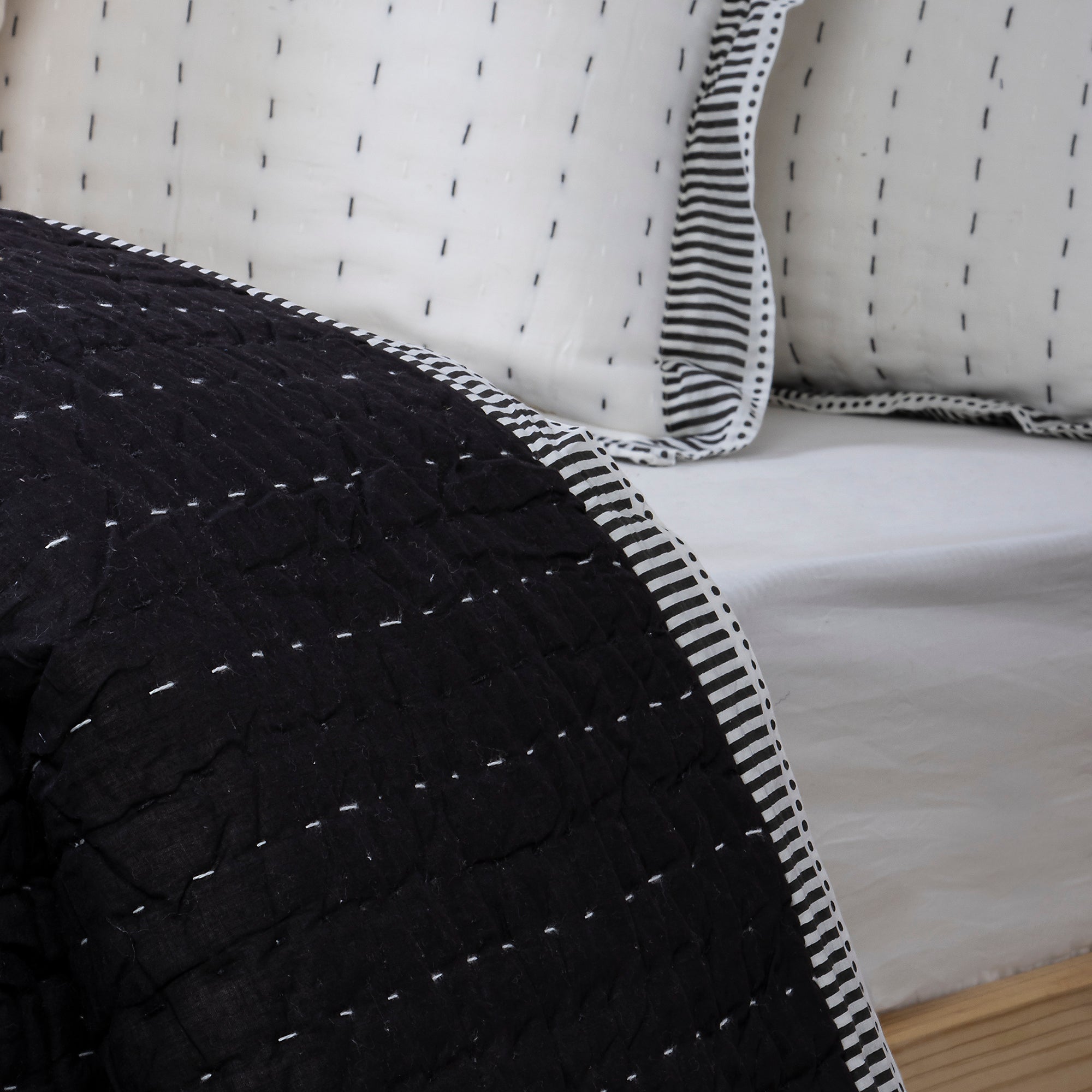 Black Indian Handmade Stitched Cotton Kantha Quilt Blanket