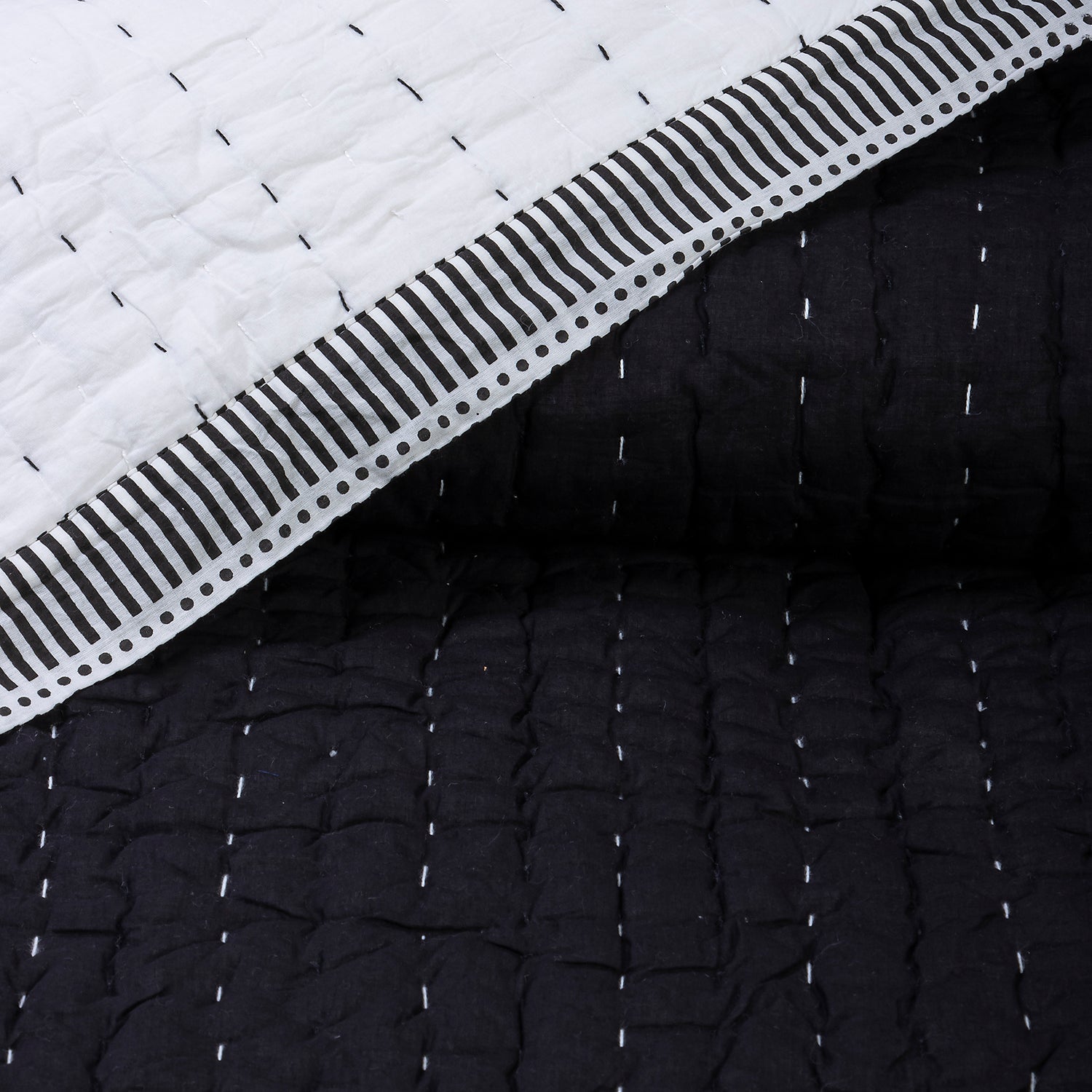 Black Indian Handmade Stitched Cotton Kantha Quilt Blanket