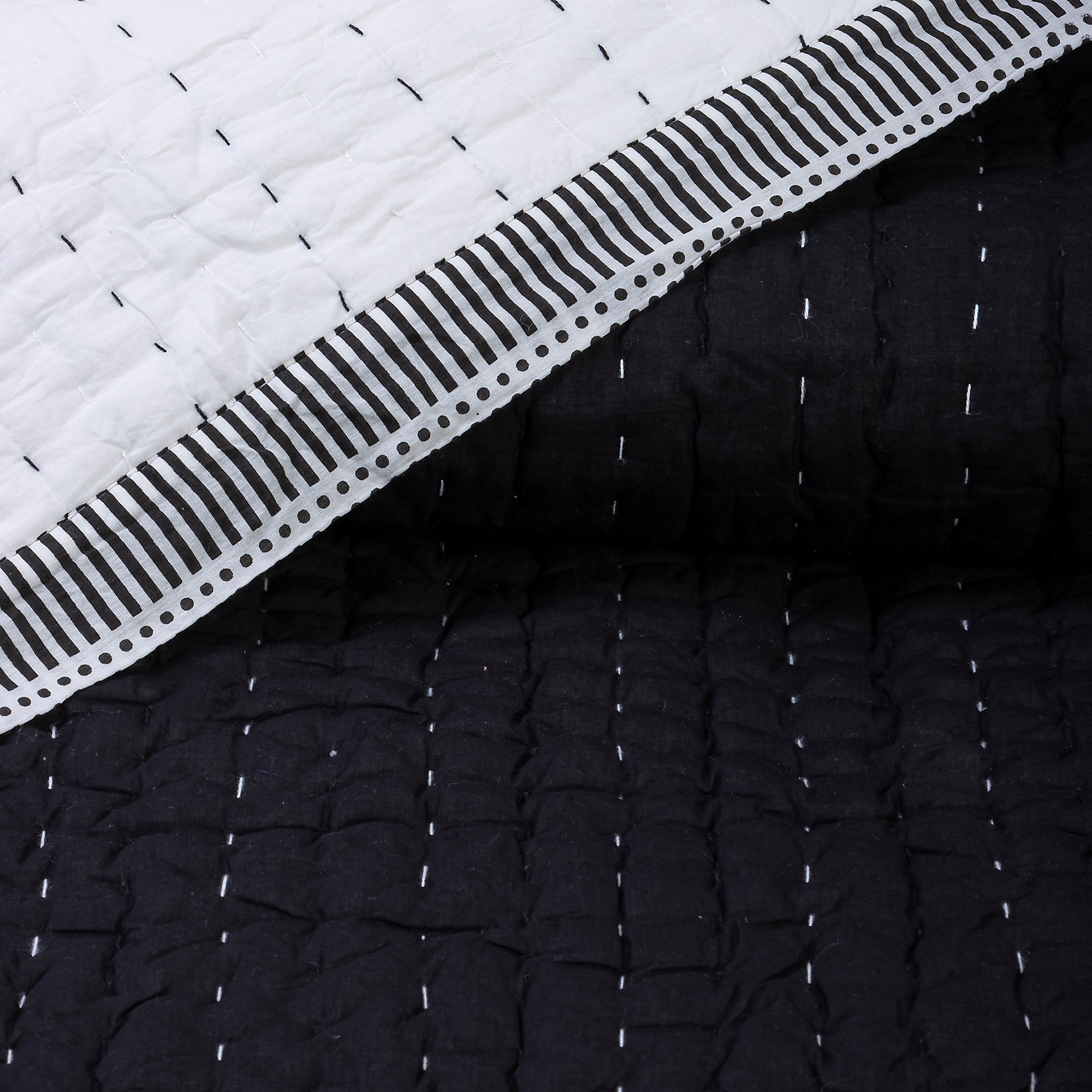 Black Indian Handmade Stitched Cotton Kantha Quilt Blanket