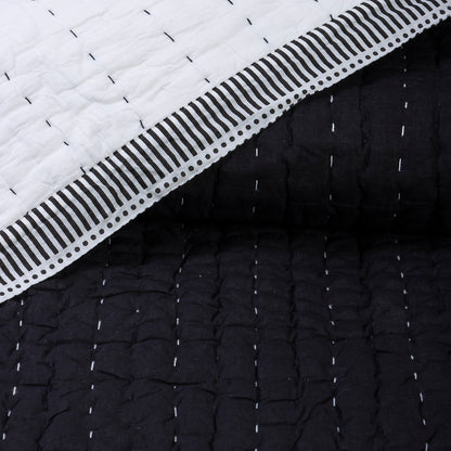 Black Indian Handmade Stitched Cotton Kantha Quilt Blanket