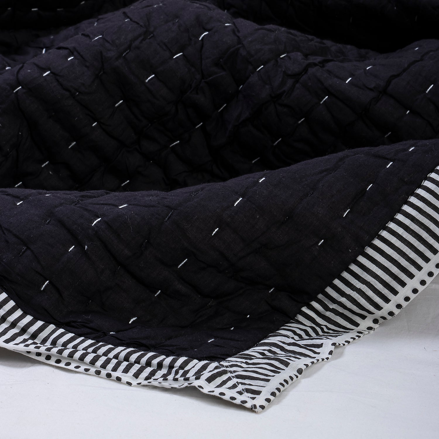 Black Indian Handmade Stitched Cotton Kantha Quilt Blanket