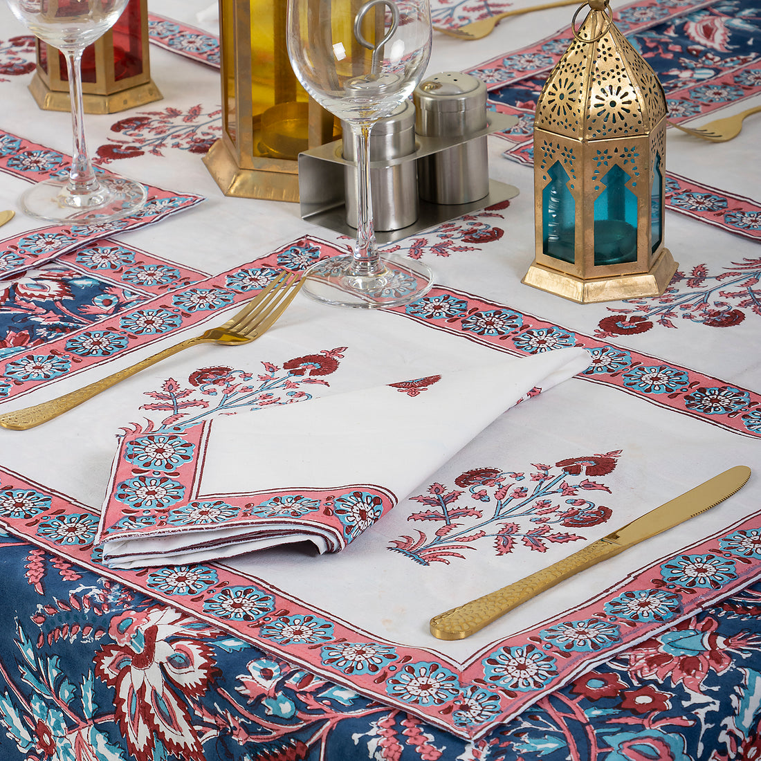 Block Printed Blue Floal Pure Cotton Outdoor Table Covers