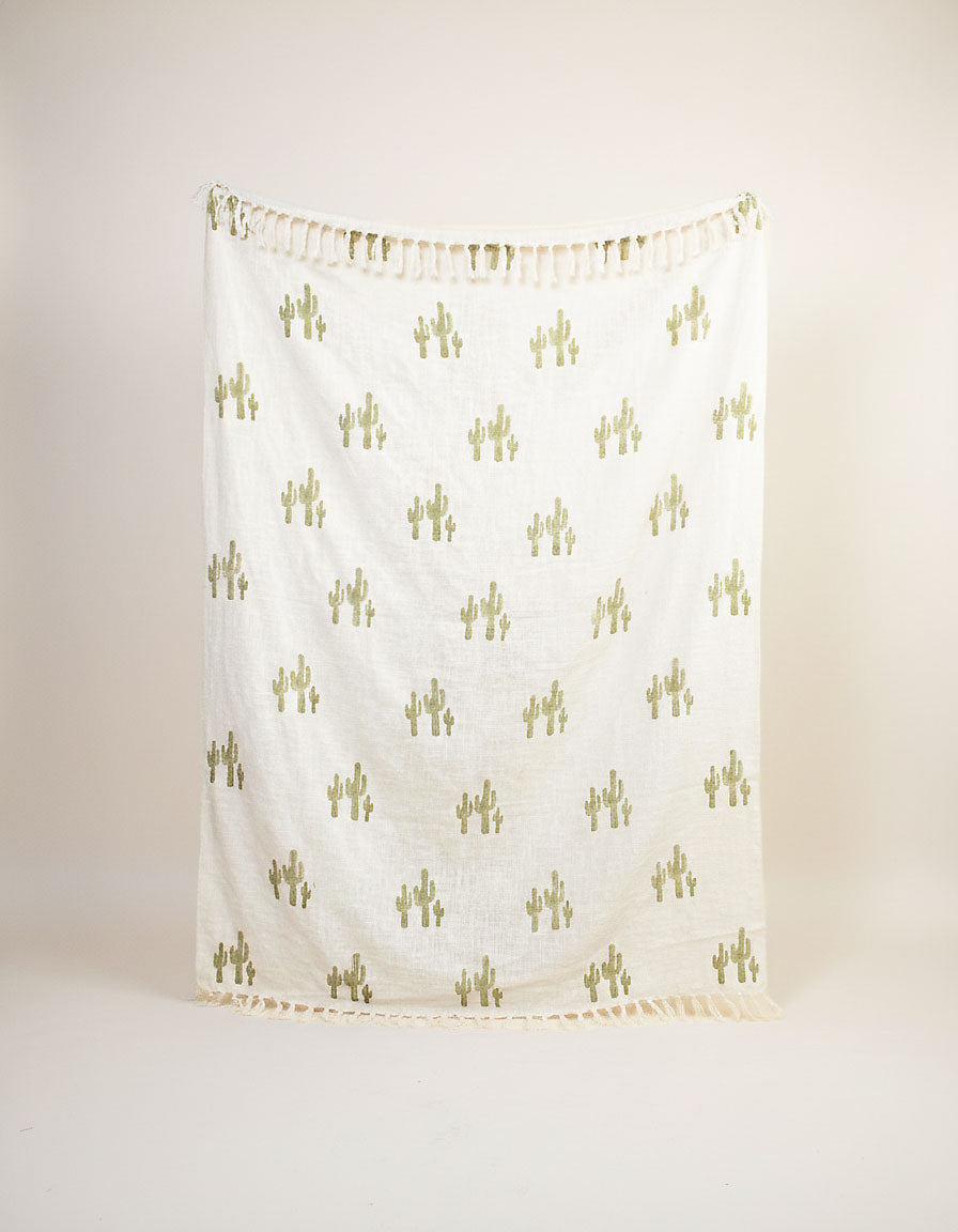 Block Printed Cotton Throw Blanket - Desert Cactus