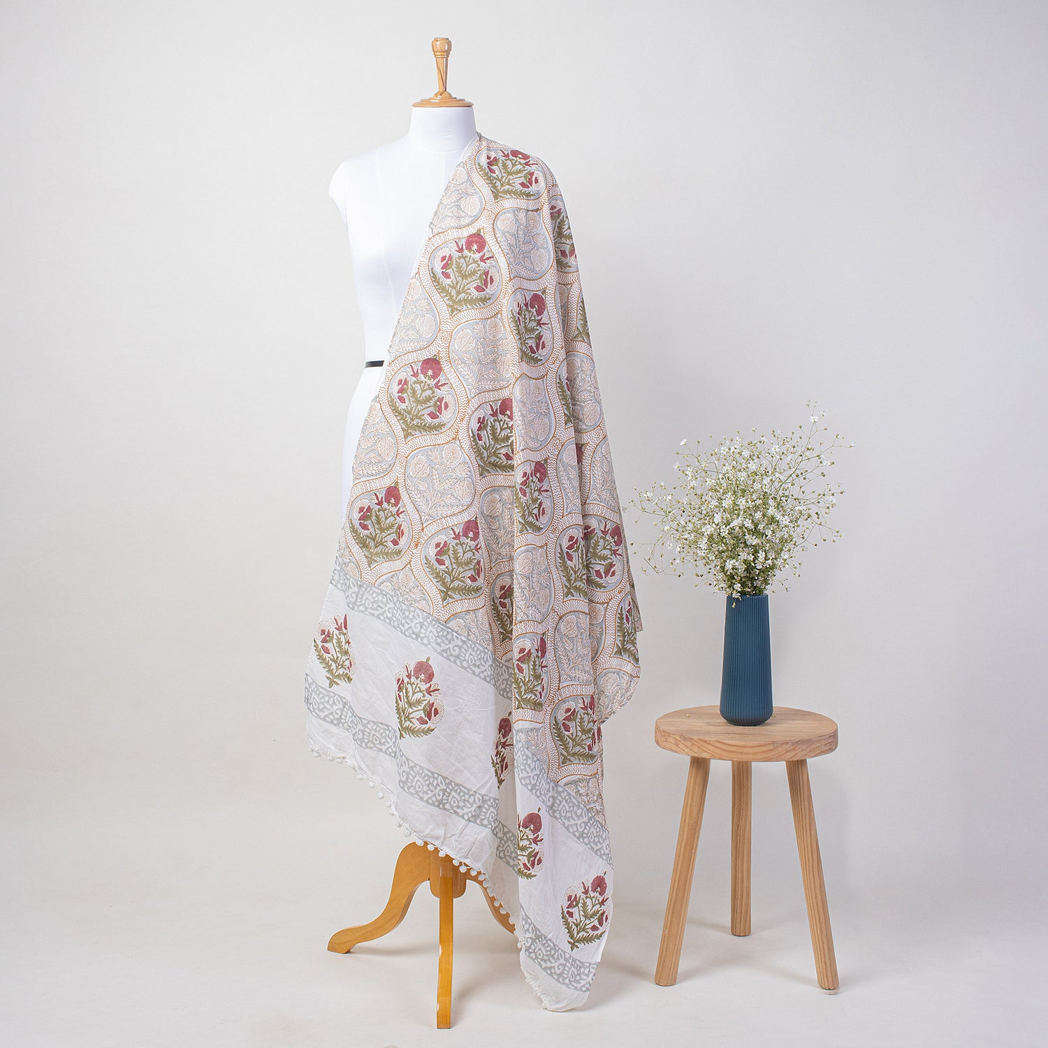 Block Printed Indian Cotton Red Boota Sarong For Ladies