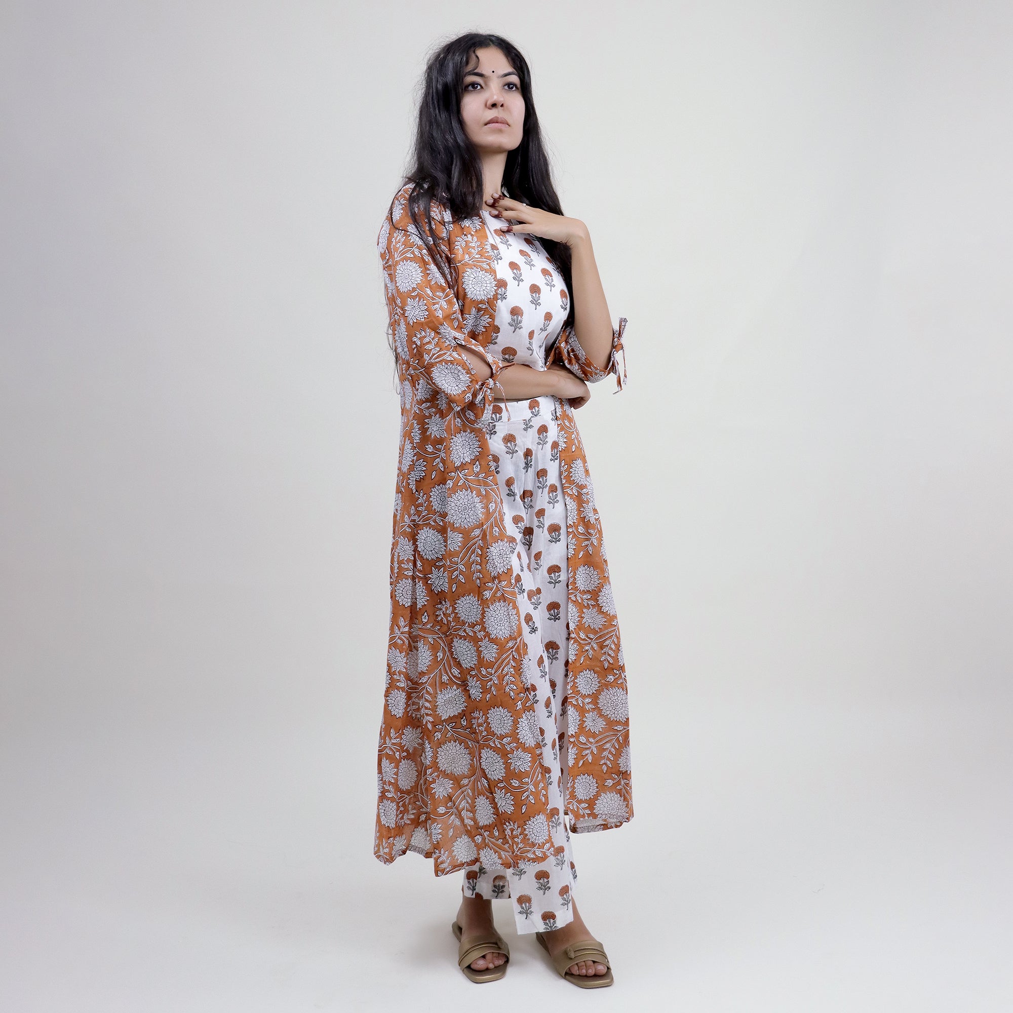 Block Printed Women Floral 3 Piece Shrug Set For Events