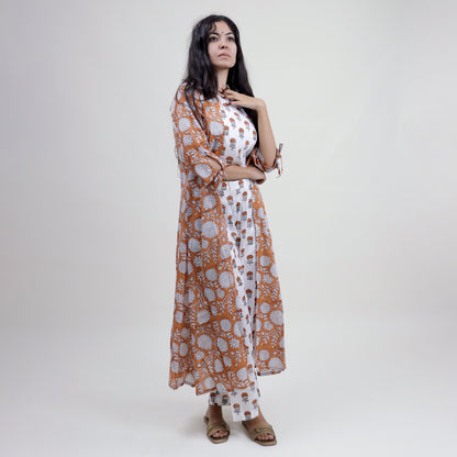 Block Printed Women Floral 3 Piece Shrug Set For Events