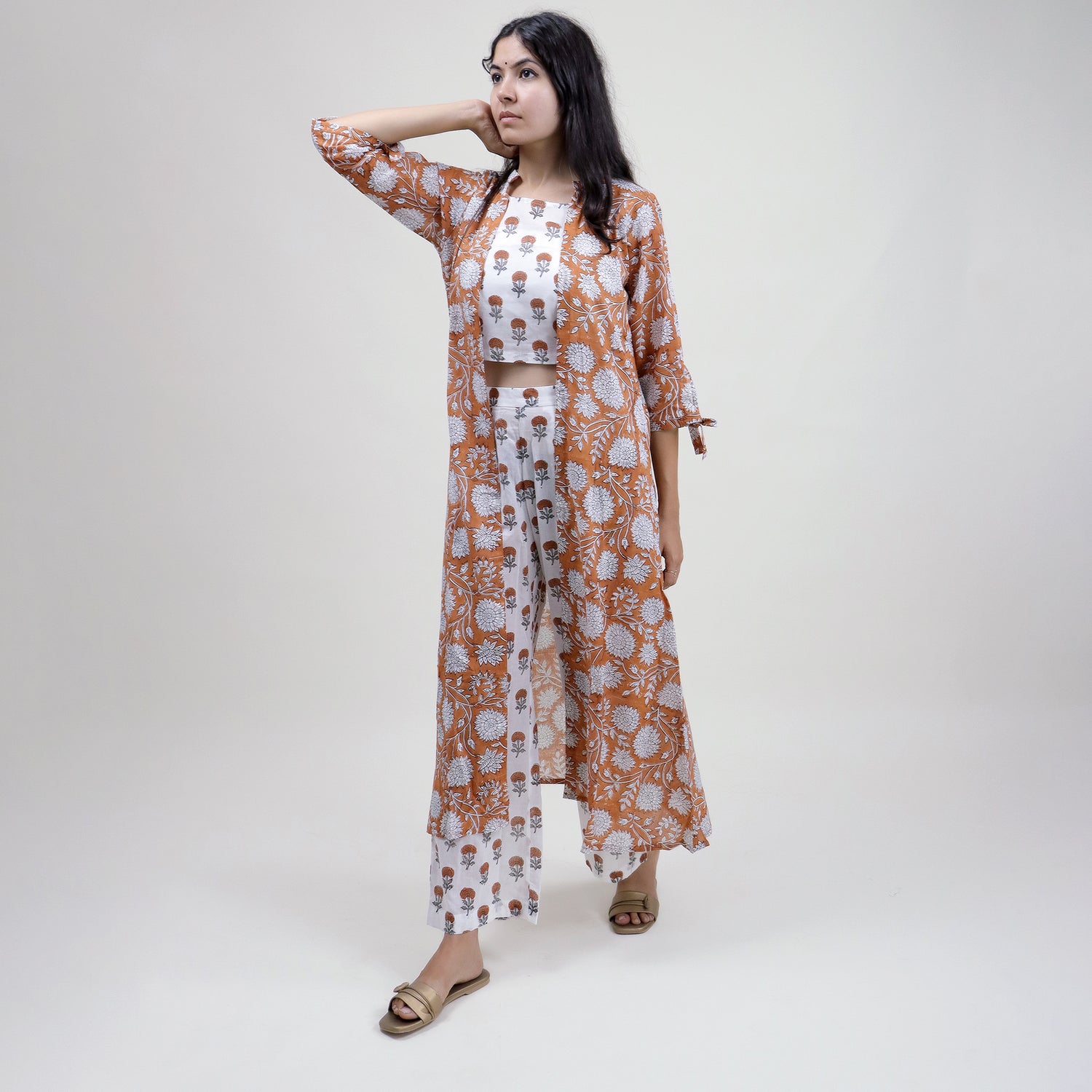 Block Printed Women Floral 3 Piece Shrug Set For Events