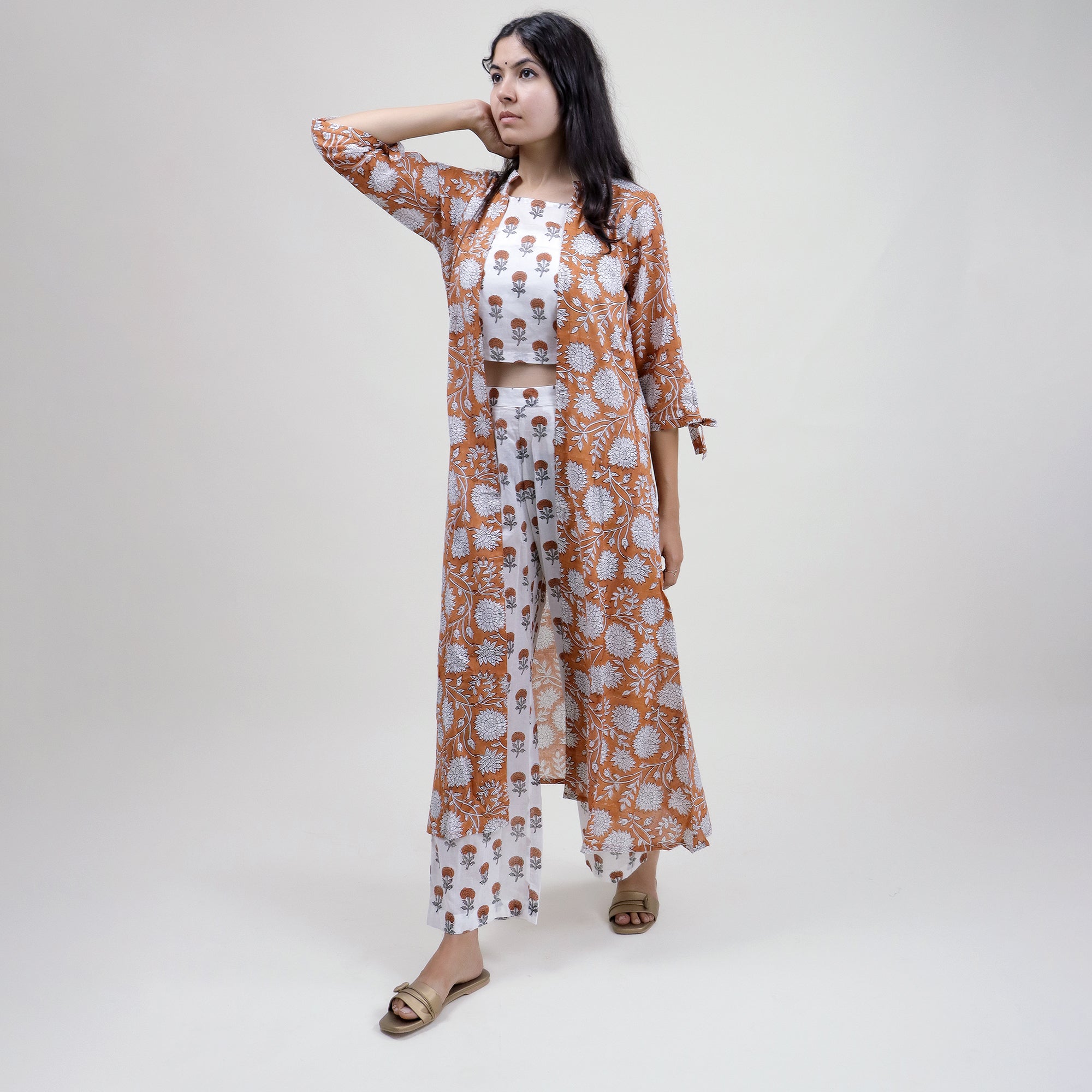 Block Printed Women Floral 3 Piece Shrug Set For Events