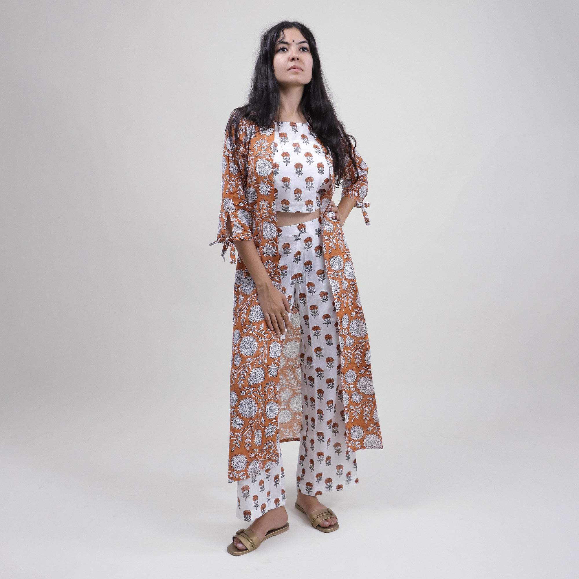 Block Printed Women Floral 3 Piece Shrug Set For Events