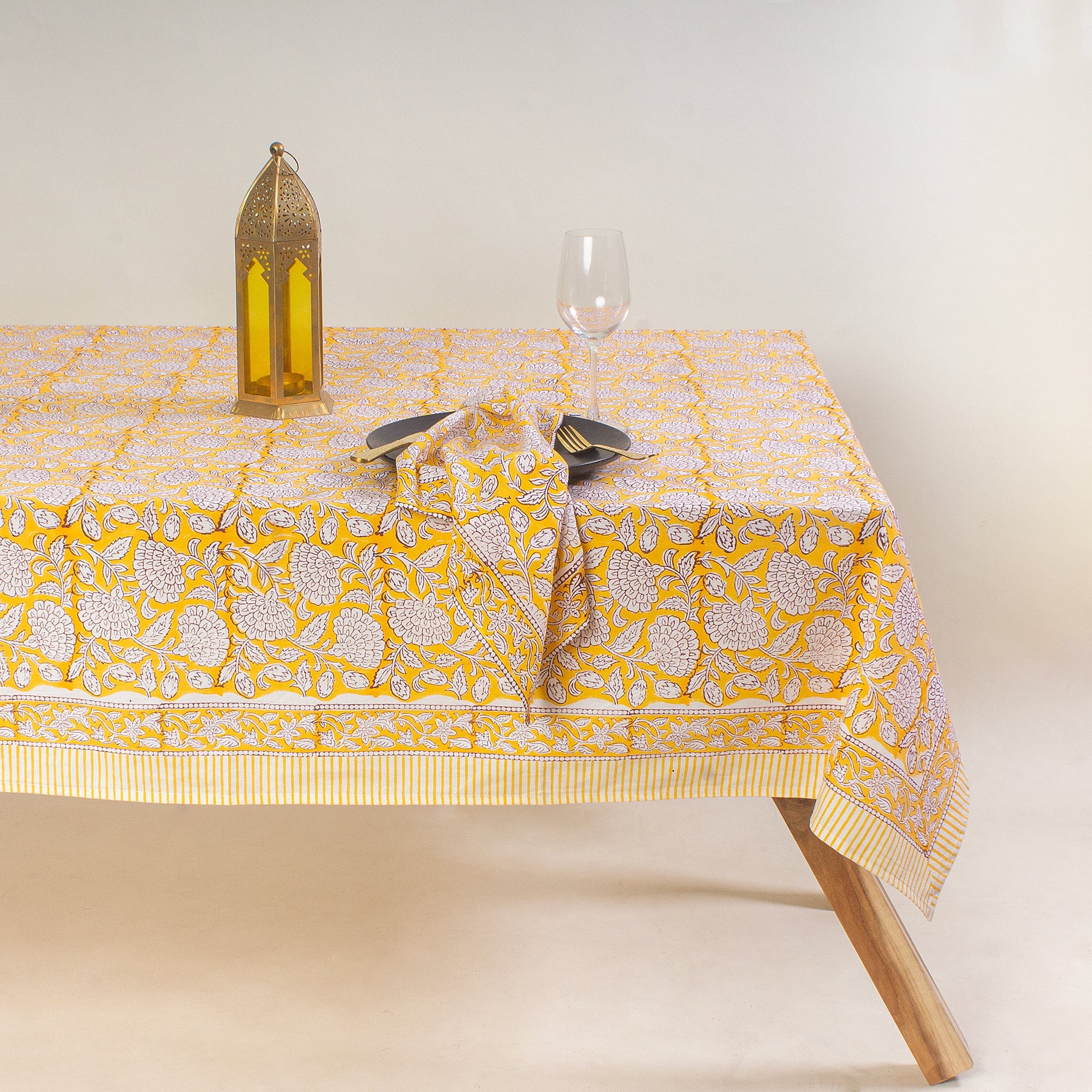 Block Printed Yellow Floral Pure Cotton Affordable Table Covers