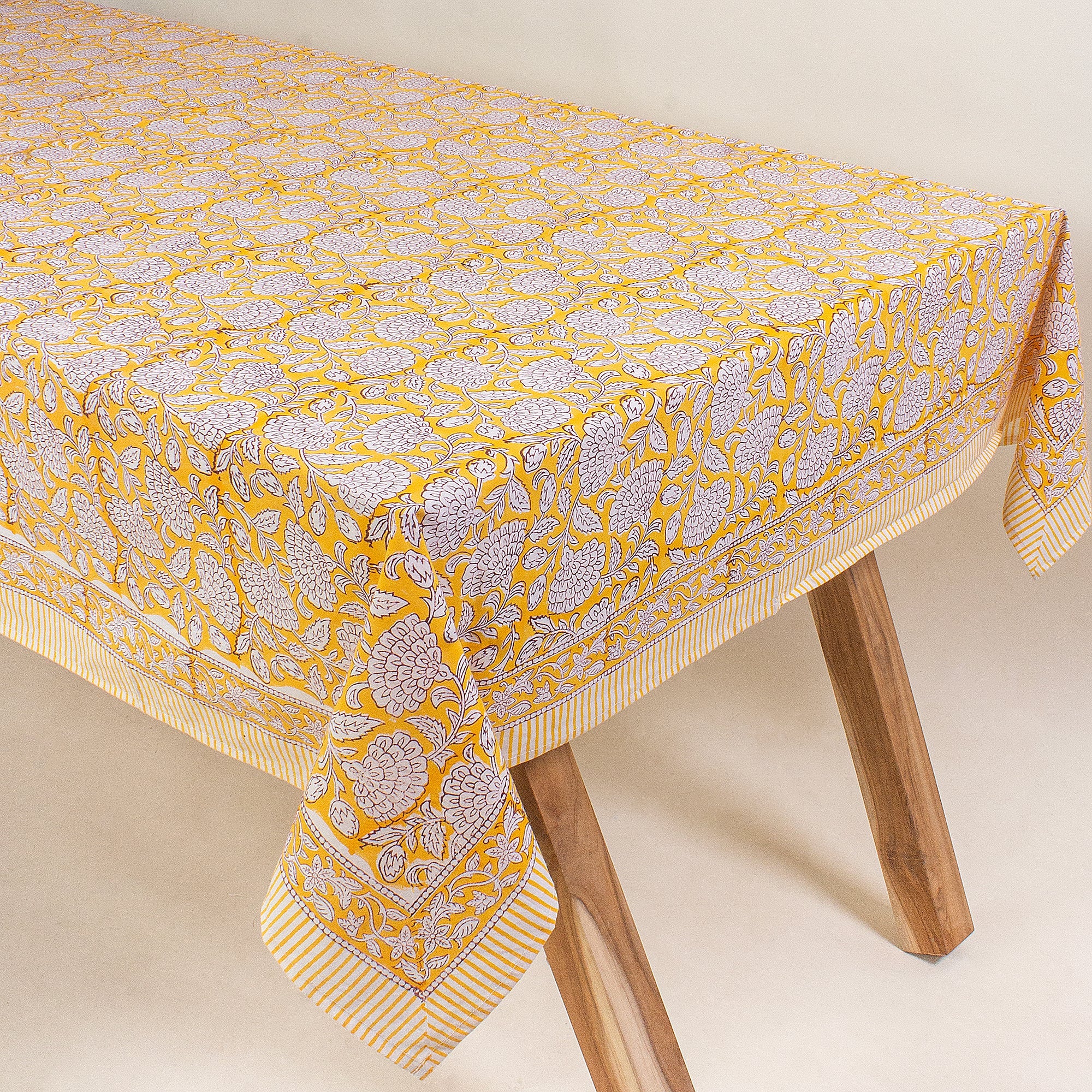 Block Printed Yellow Floral Pure Cotton Affordable Table Covers
