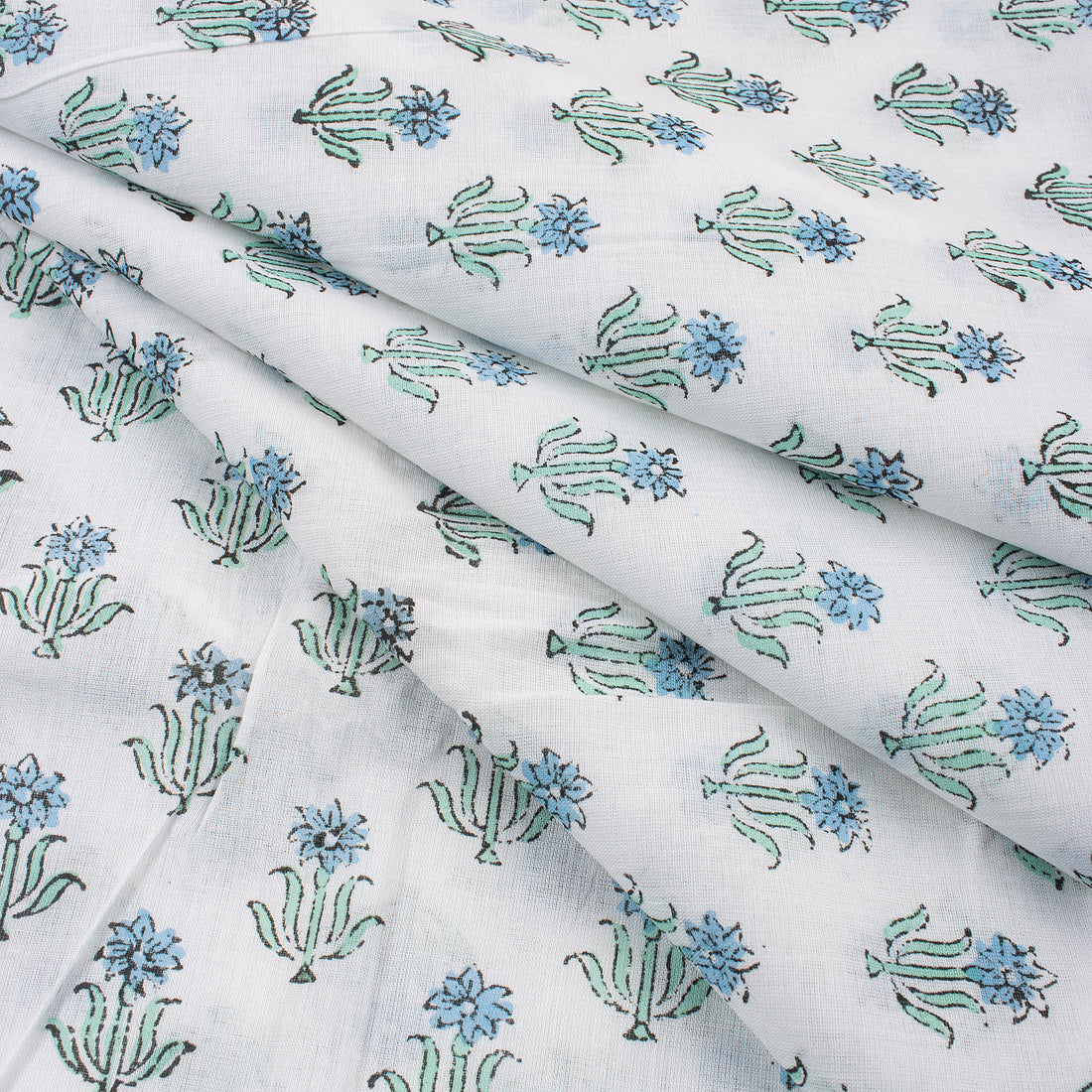 Blue Booti Block Printed Pure Cotton Indian Fabric