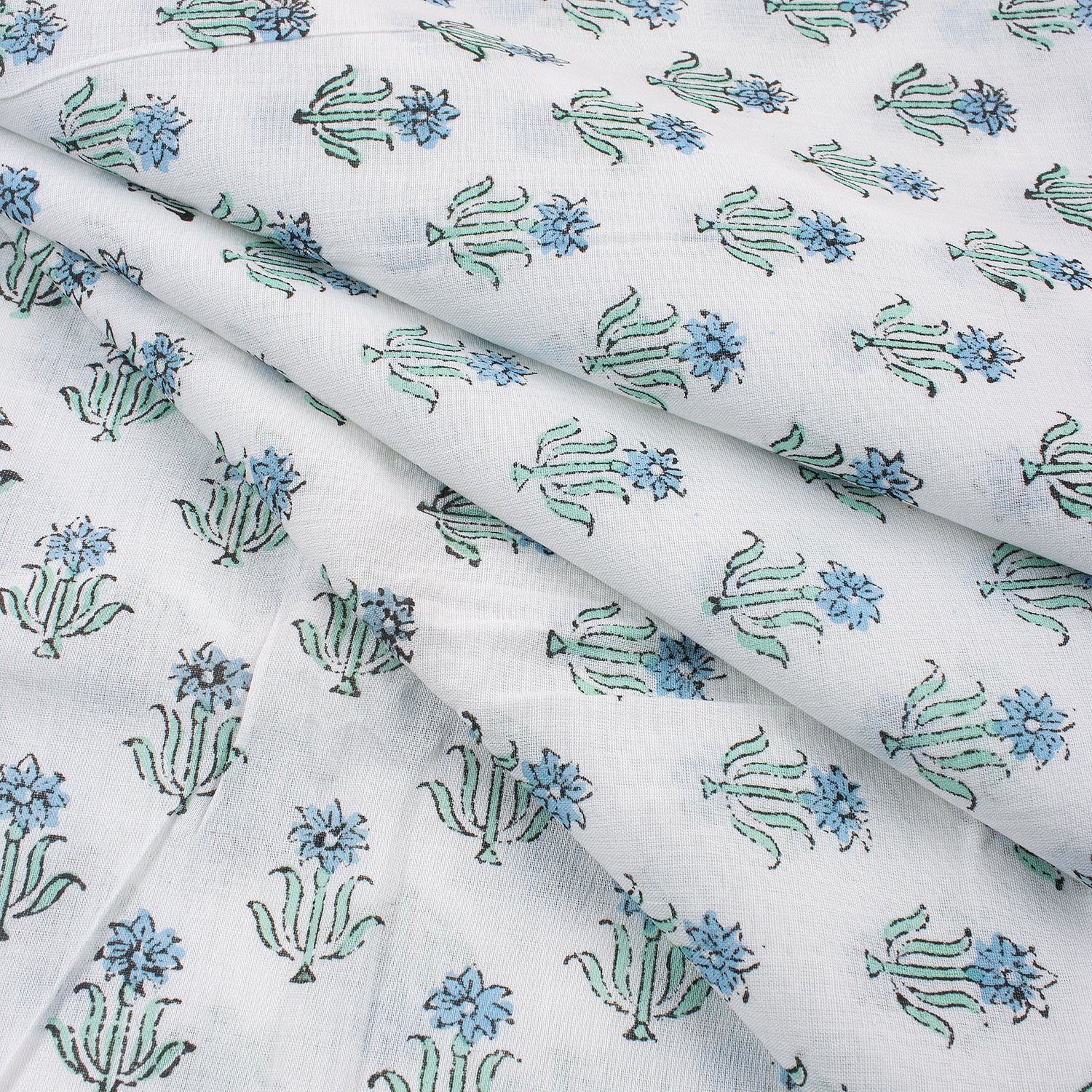 Blue Booti Block Printed Pure Cotton Indian Fabric