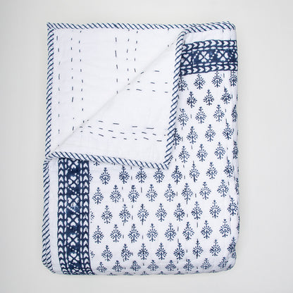 Blue Booti Cotton Hand Block Print Kantha Quilt Blanket