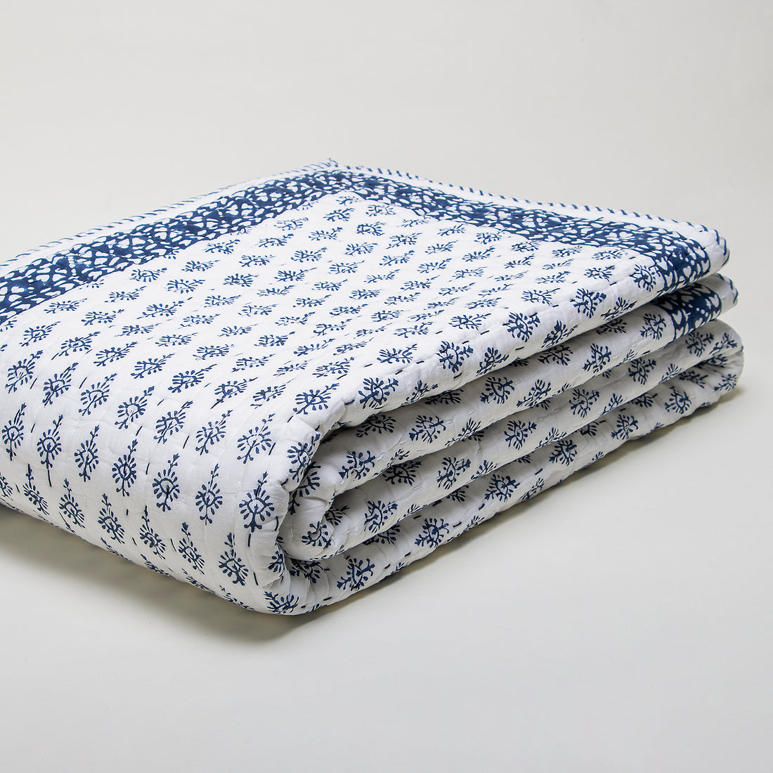 Blue Booti Cotton Hand Block Print Kantha Quilt Blanket