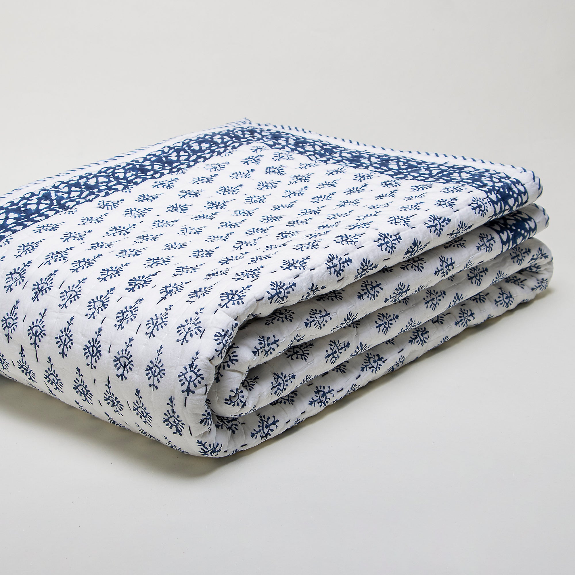 Blue Booti Cotton Hand Block Print Kantha Quilt Blanket