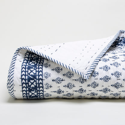 Blue Booti Cotton Hand Block Print Kantha Quilt Blanket
