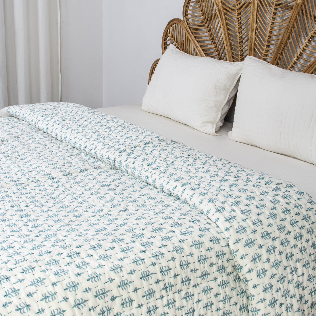 Blue Booti Handmade Indian Cotton Kantha Quilt Blanket