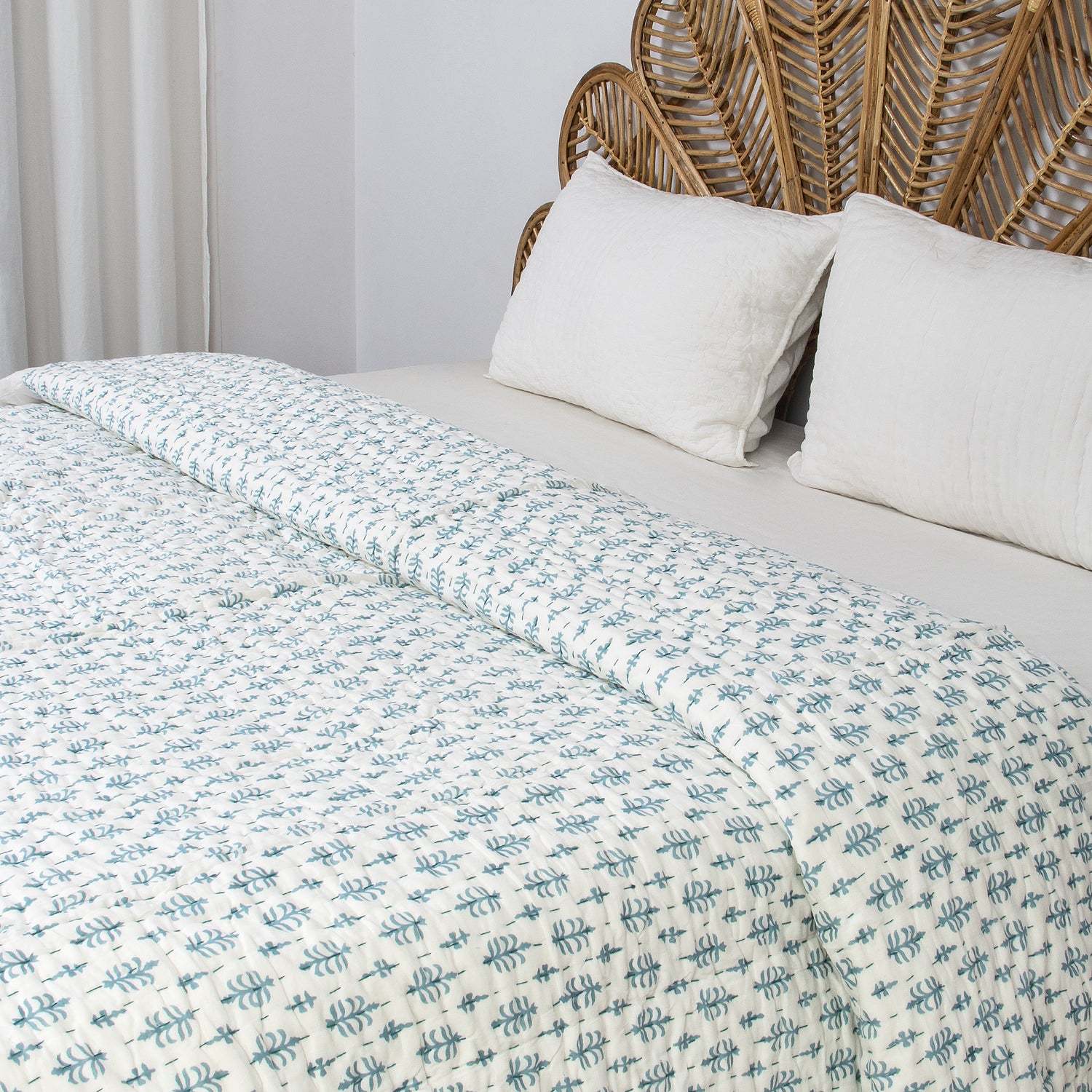 Blue Booti Handmade Indian Cotton Kantha Quilt Blanket