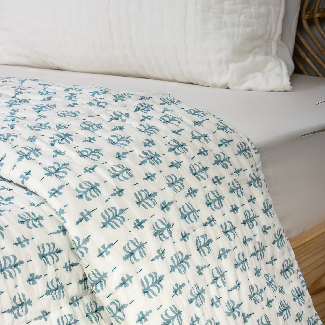Blue Booti Handmade Indian Cotton Kantha Quilt Blanket