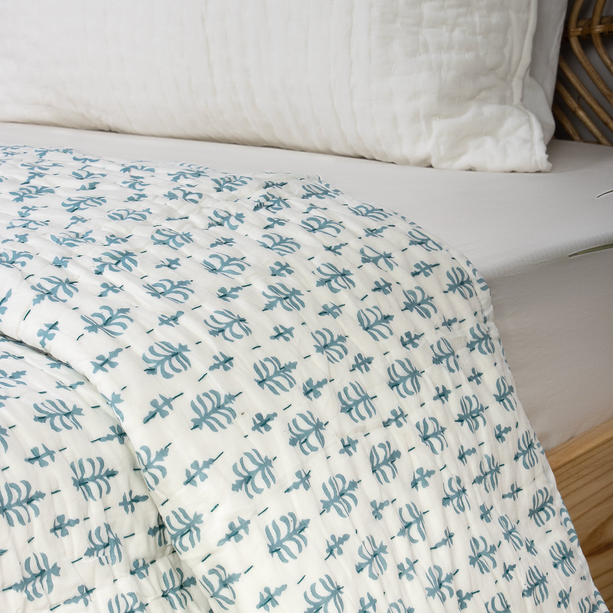 Blue Booti Handmade Indian Cotton Kantha Quilt Blanket