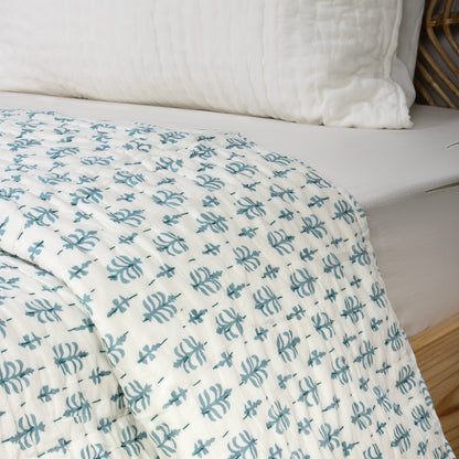 Blue Booti Handmade Indian Cotton Kantha Quilt Blanket