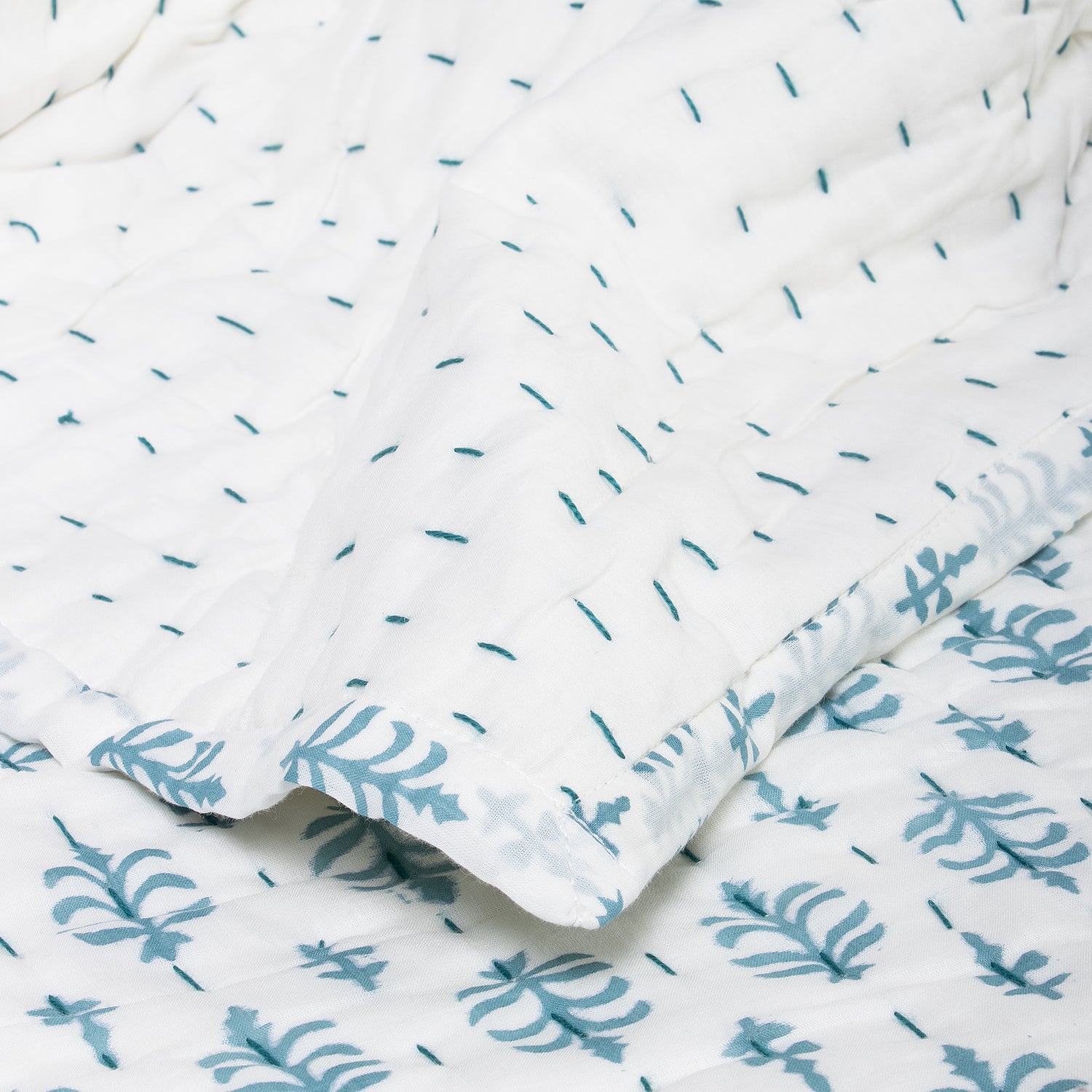 Blue Booti Handmade Indian Cotton Kantha Quilt Blanket