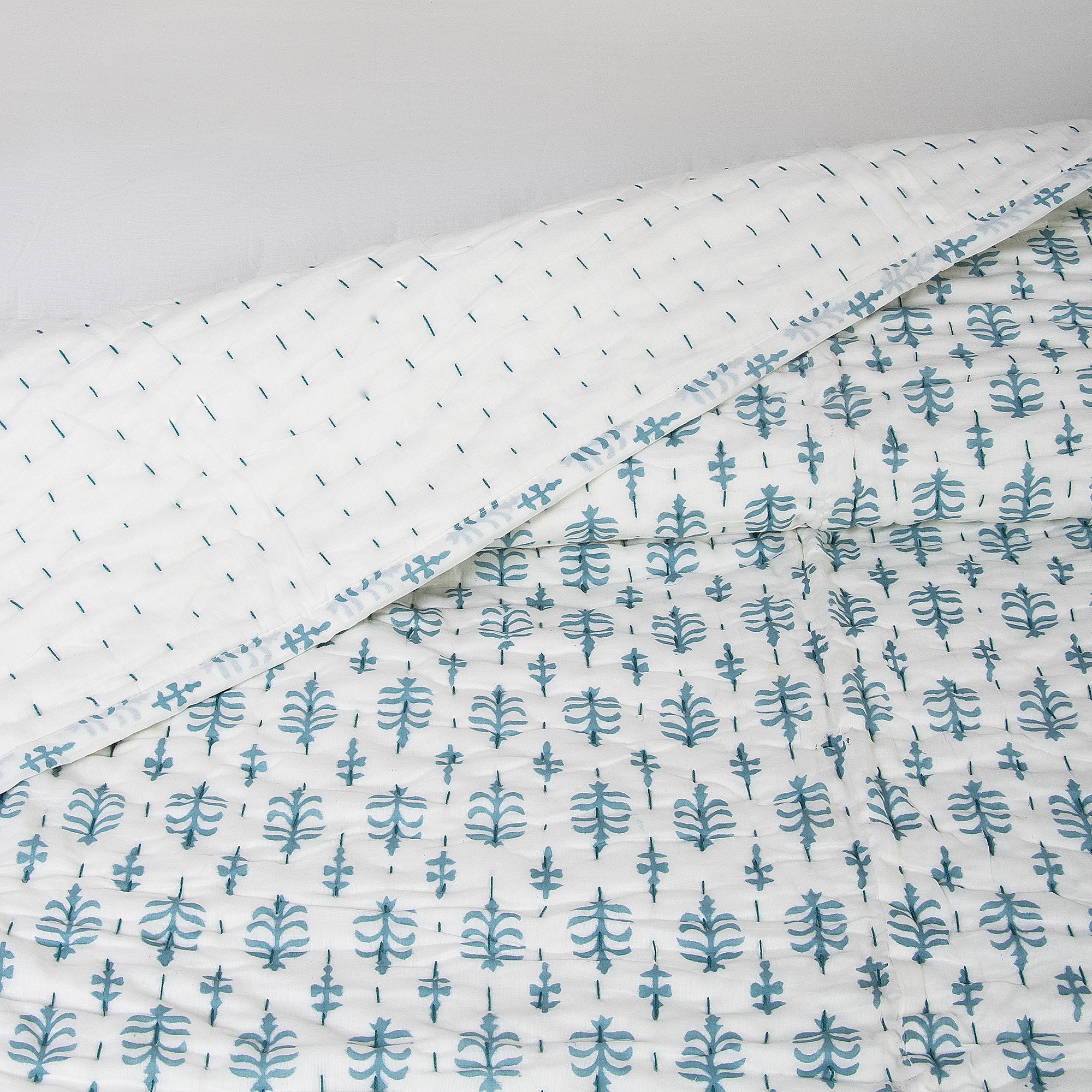 Blue Booti Handmade Indian Cotton Kantha Quilt Blanket
