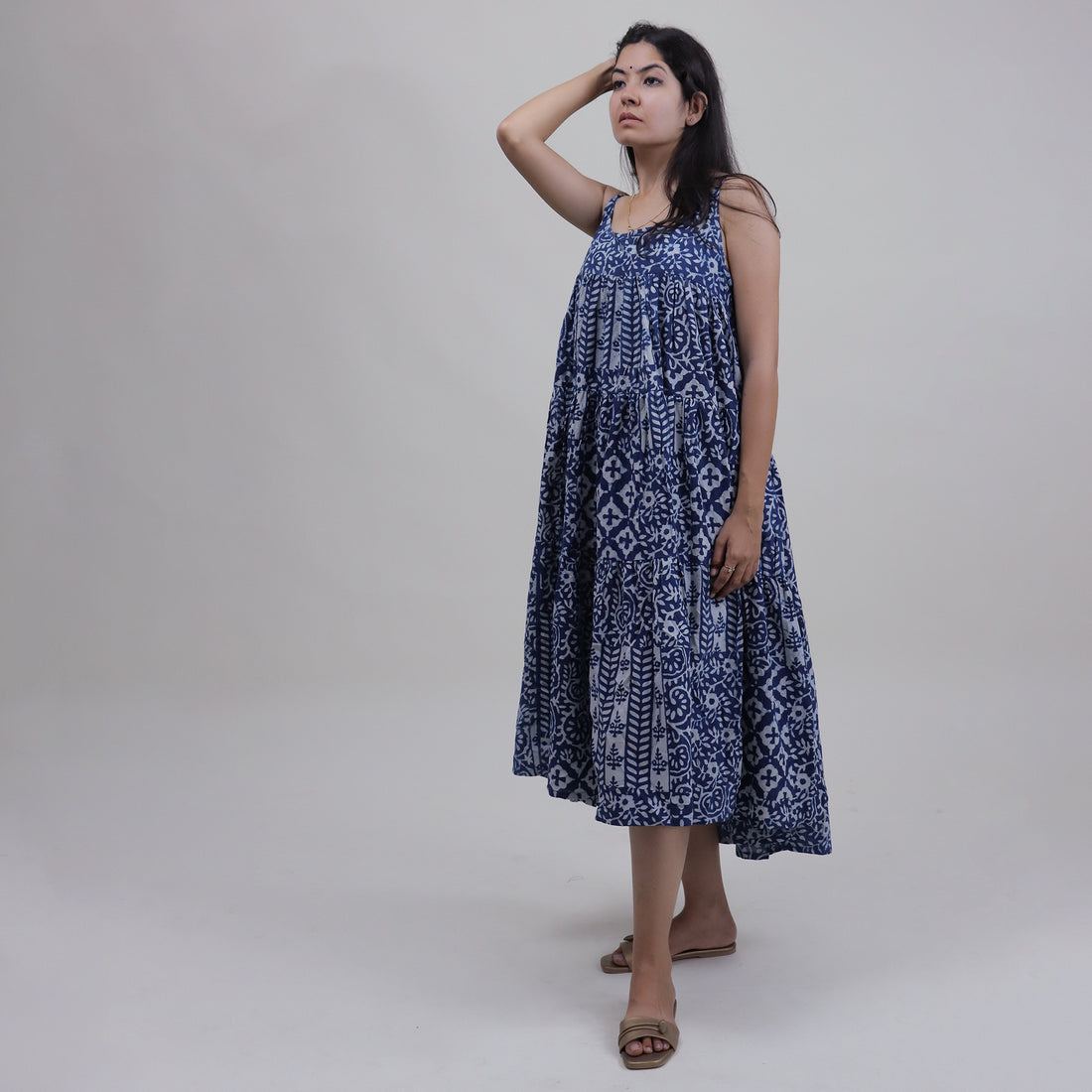 Blue Cotton Summer Midi Dress For Women