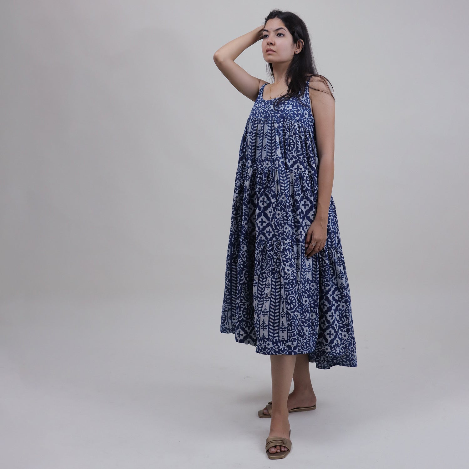 Blue Cotton Summer Midi Dress For Women
