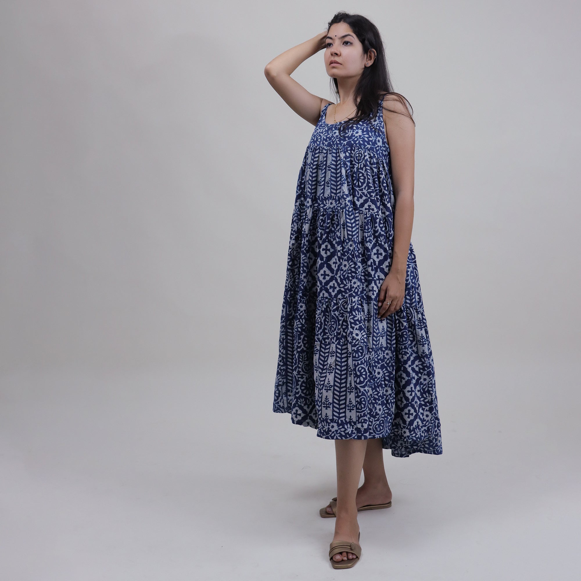 Blue Cotton Summer Midi Dress For Women