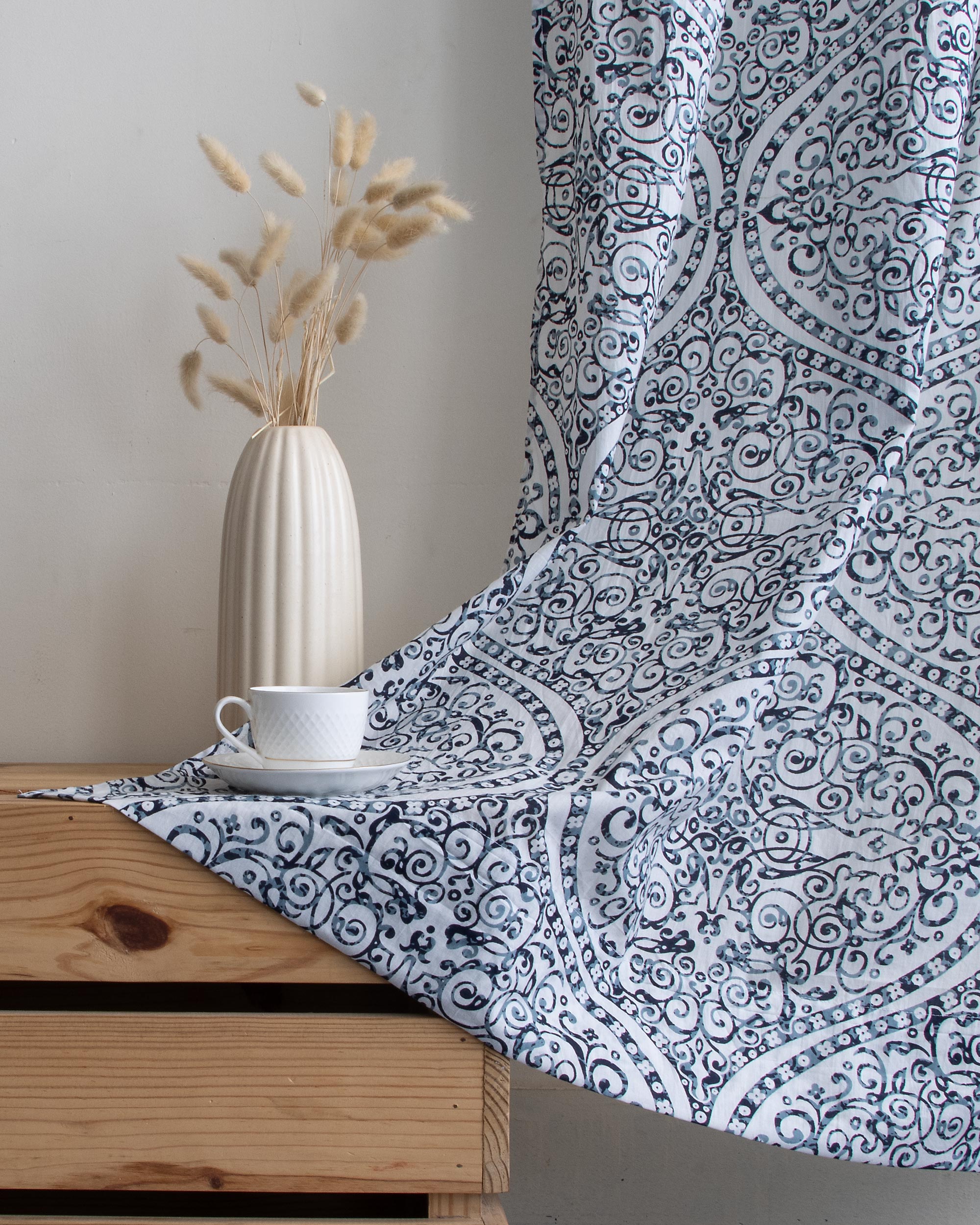 Blue Design Block Printed Cotton Curtains for Window