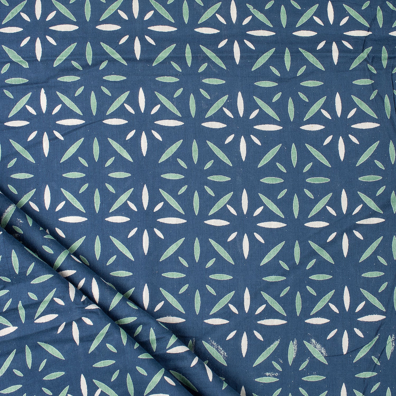 Blue Discharge Hand Block Printed Cotton Fabric by Yard