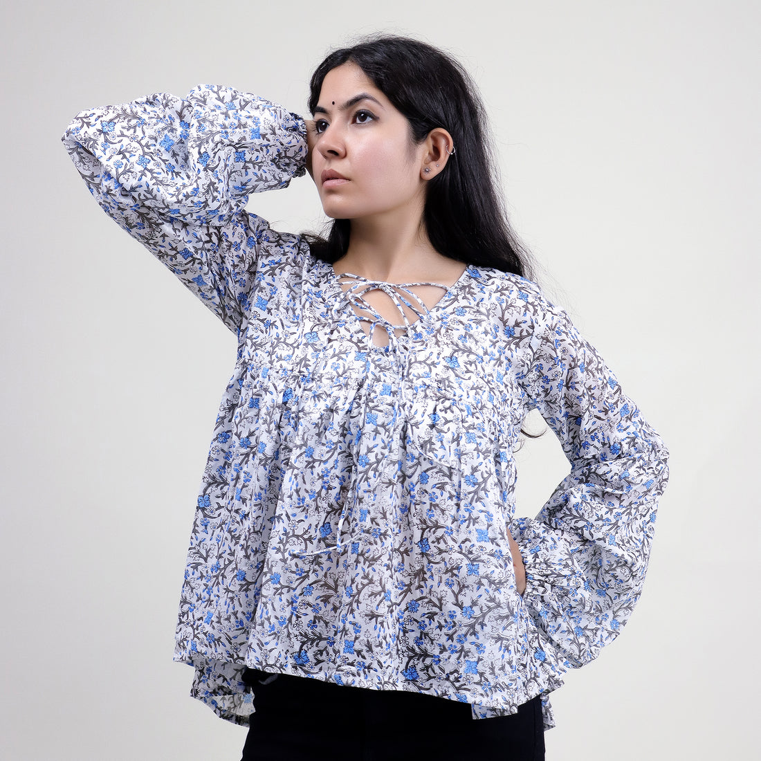 Blue Floral Block Printed Cotton Women&