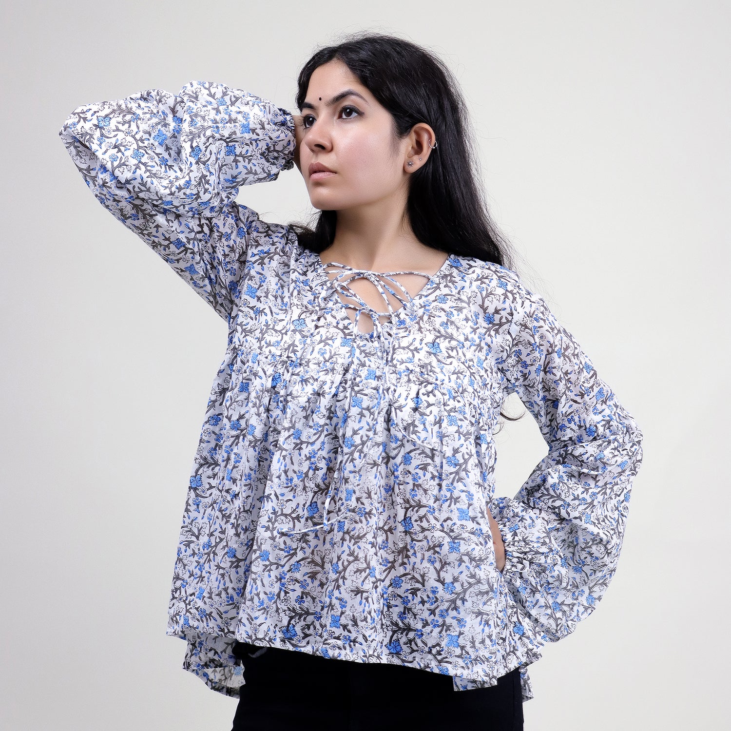 Blue Floral Block Printed Cotton Women&