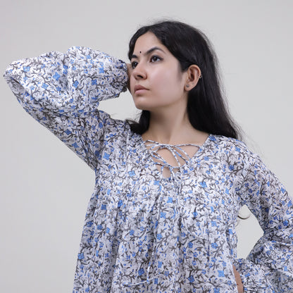 Blue Floral Block Printed Cotton Women&