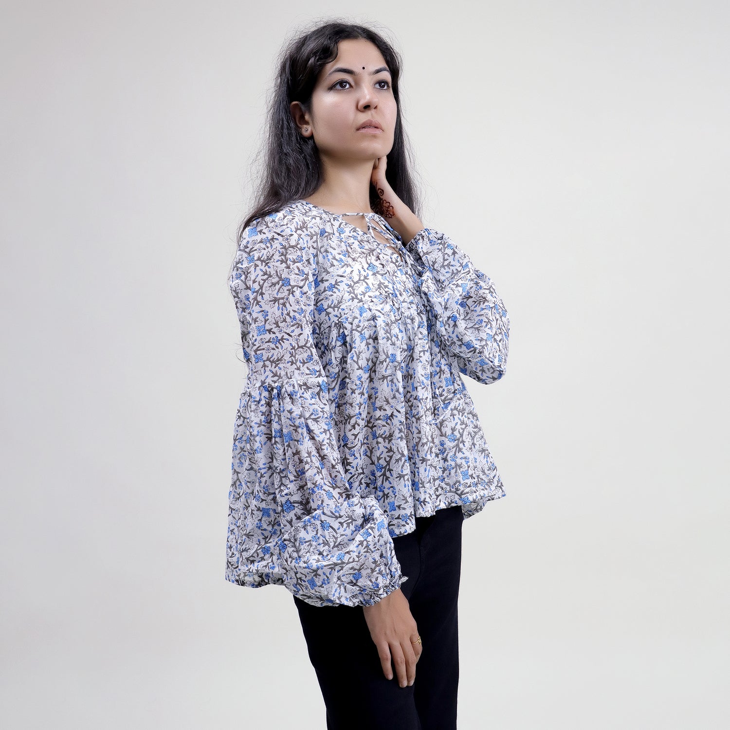 Blue Floral Block Printed Cotton Women&