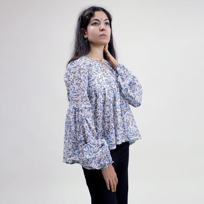 Blue Floral Block Printed Cotton Women&