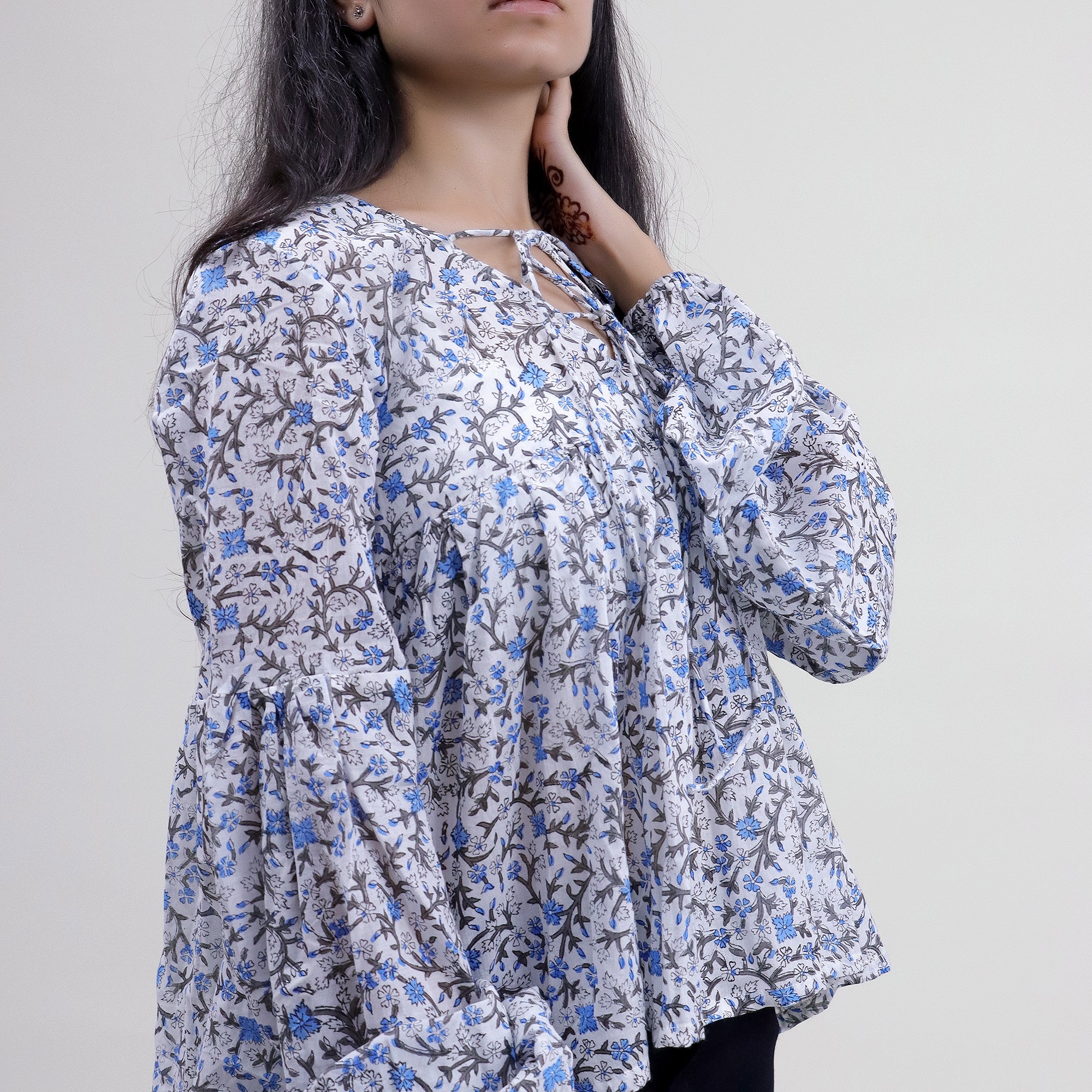 Blue Floral Block Printed Cotton Women&
